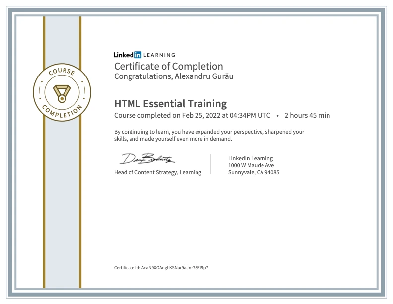 HTML certificate of completion