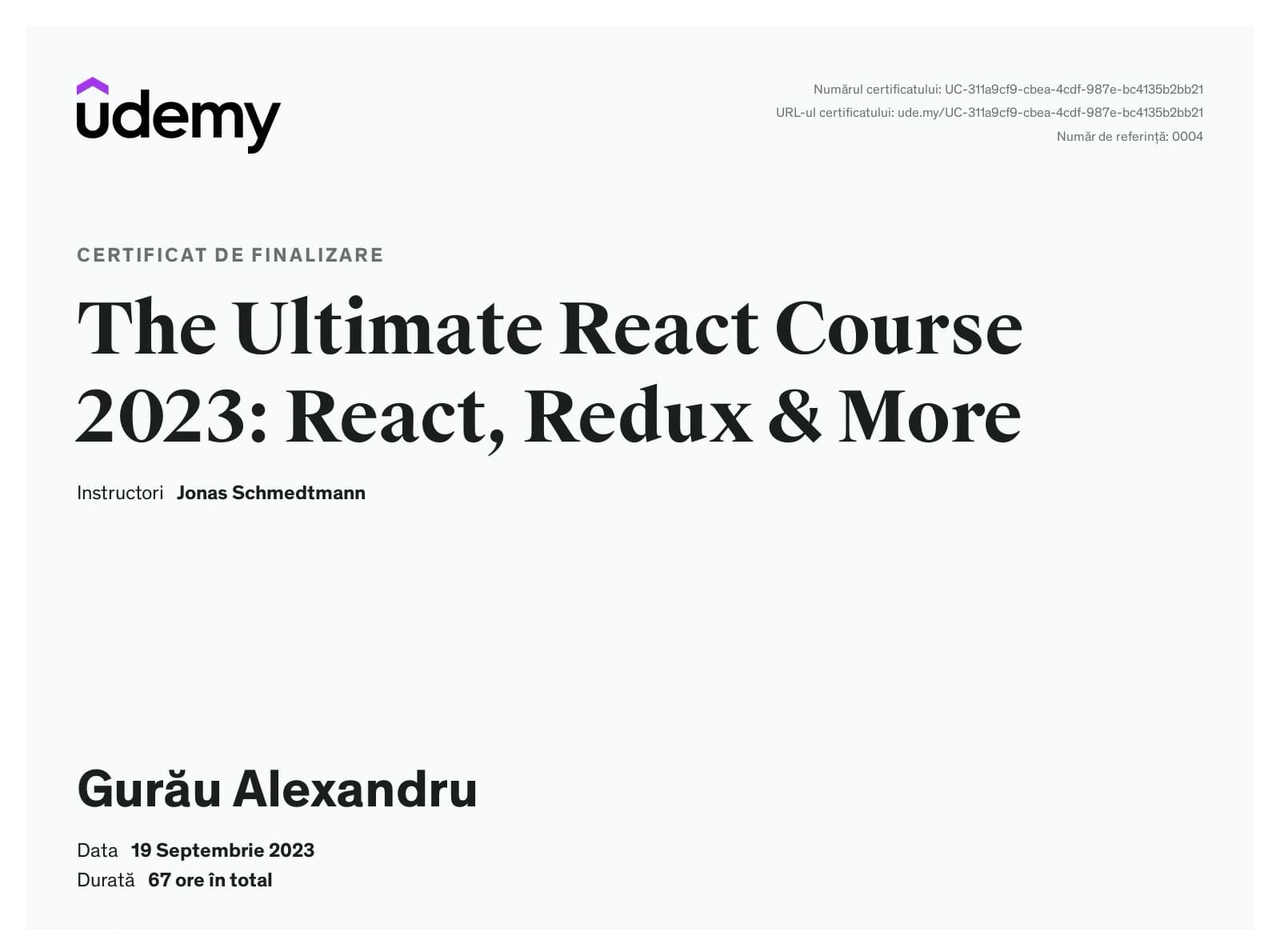 React certificate of completion